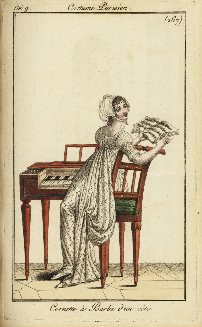 Fashionable woman playing a harpsichord by French School