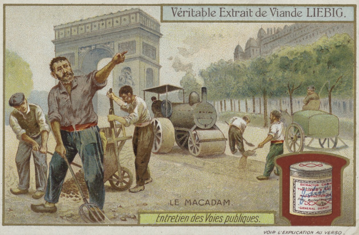 Liebig card featuring road maintenance by French School