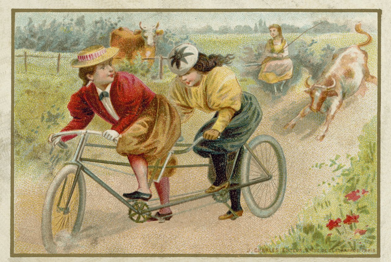 Women riding a tandem by French School