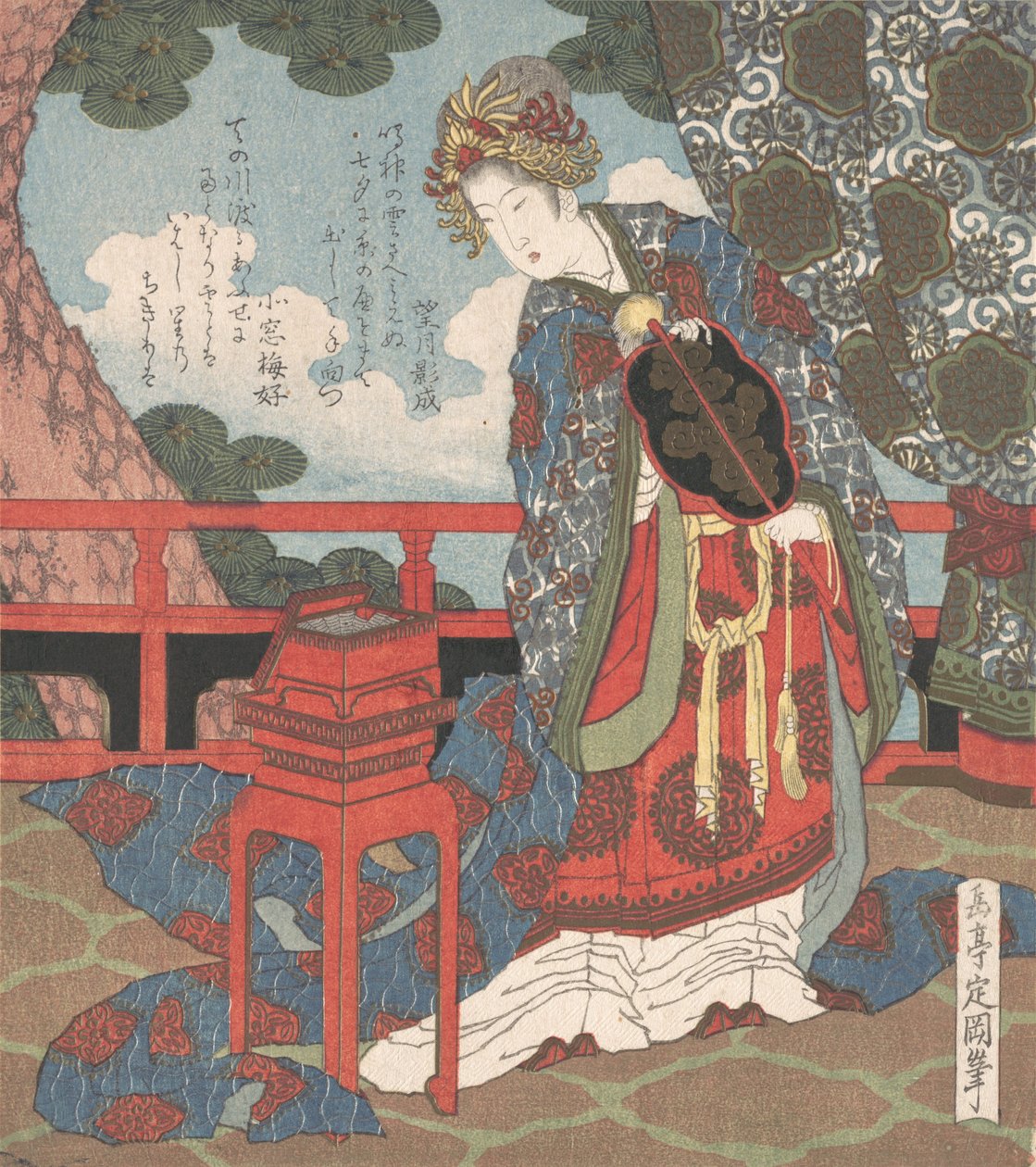 Lady with Fan Standing on Verandah by Gakutei