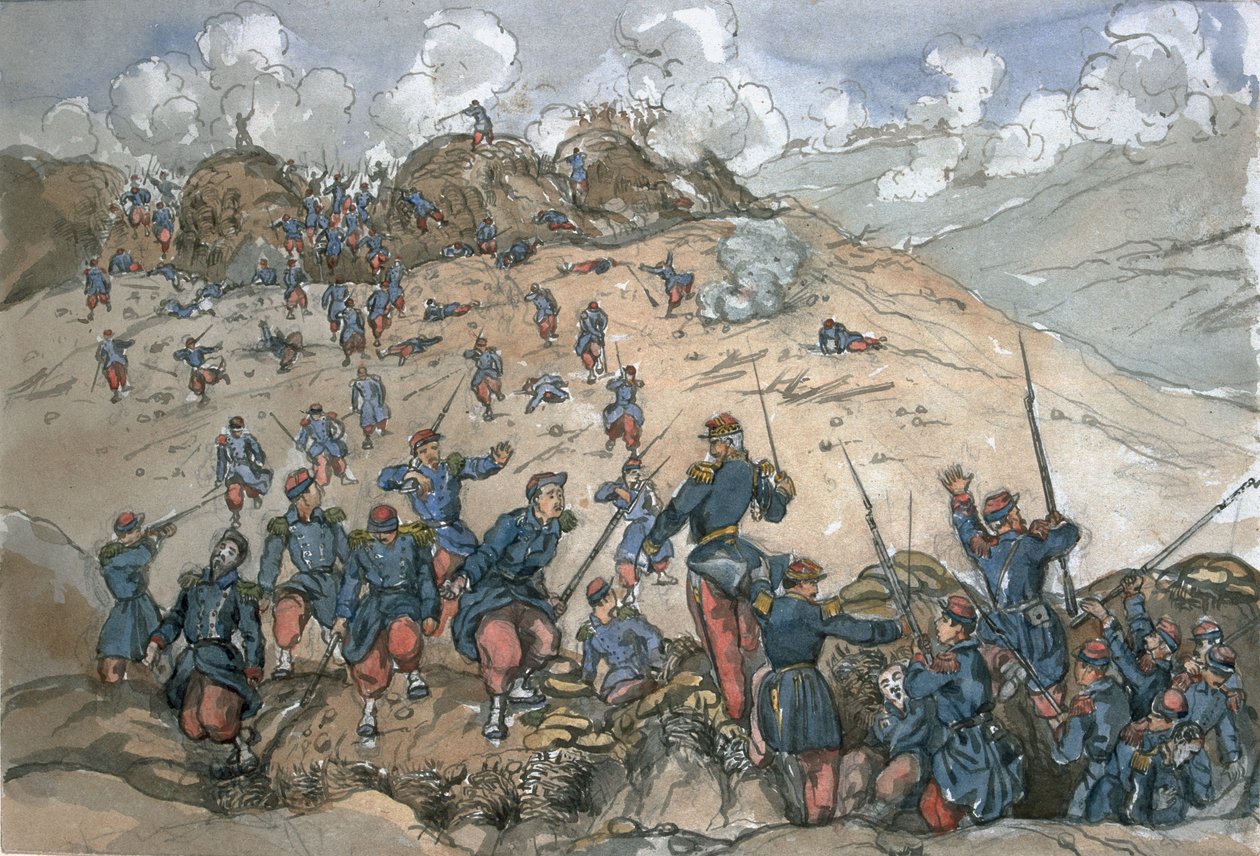 Attack of the Bastion Central by the French Troops under General Desalles during the Siege of Sebastopol, from an Album of Paintings and Sketches known as 