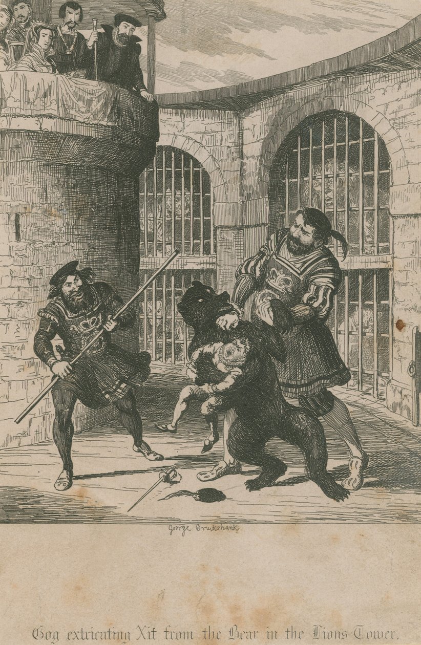 Gog extricating Xit from the bear in the Lions Tower by George Cruikshank