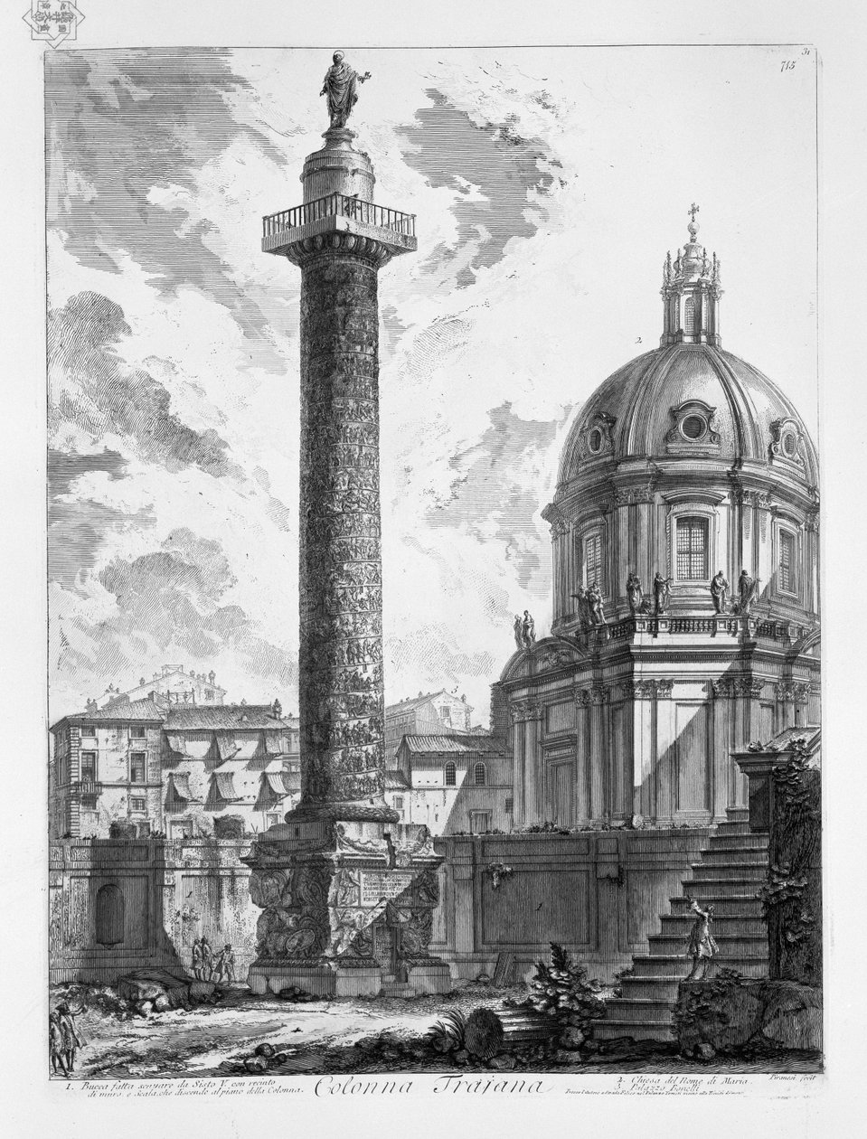 Colonna Trajana. Bucca fatta scavare da Sisto V. con recinto di muro, e Scala, che discende al piano della Colonna. Chiesa del Nome di Maria. Palazzo Bonelli by Giovanni Battista Piranesi