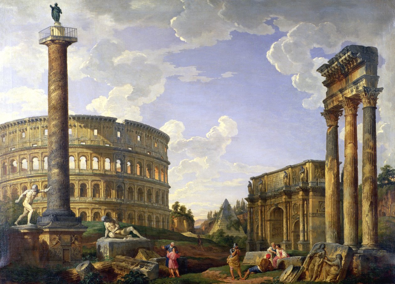 Roman Capriccio Showing the Colosseum, Borghese Warrior, Trajan