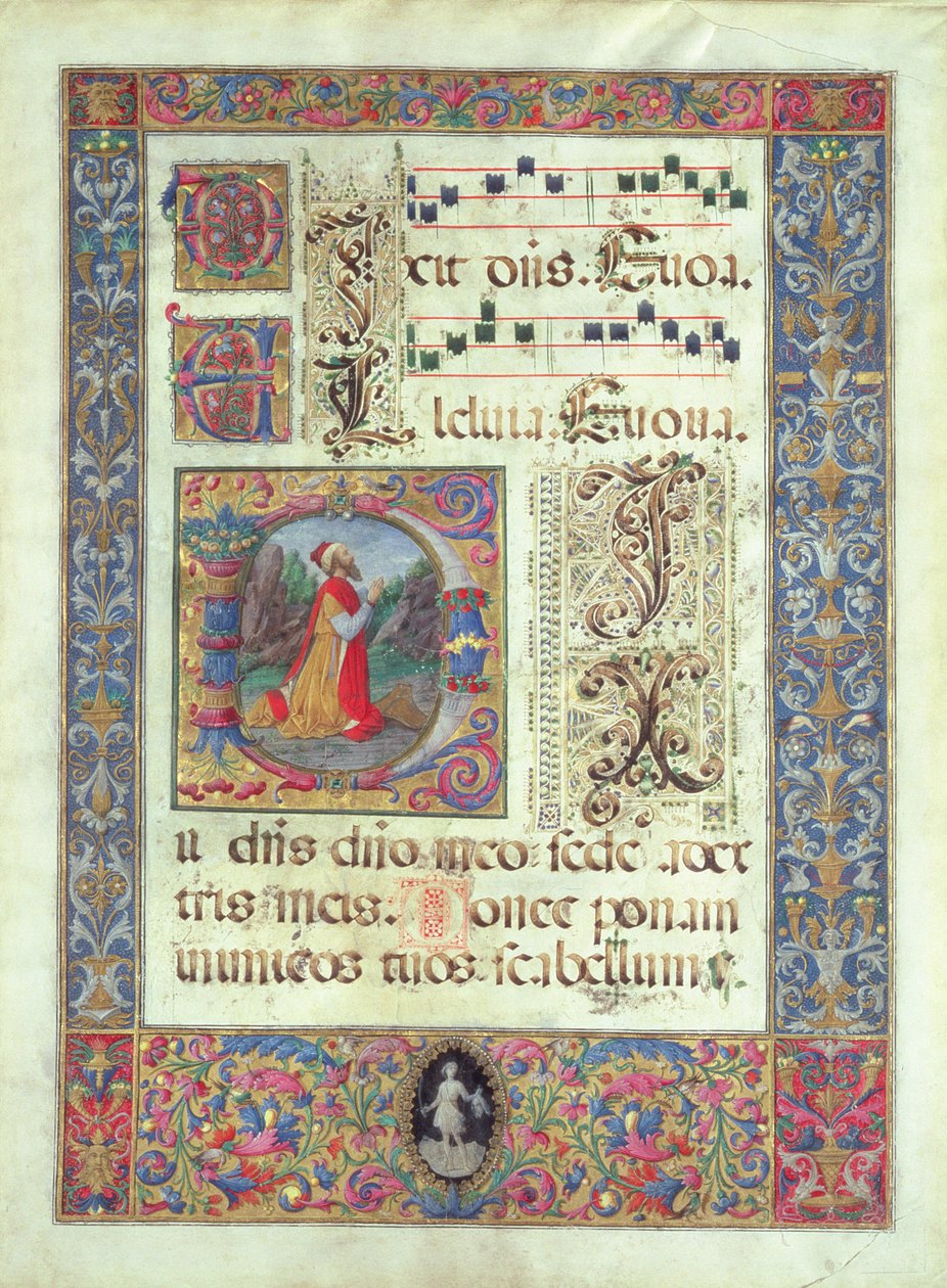 Page from a manuscript with a historiated initial D depicting King David, c.1480 by Giuliano Amadei