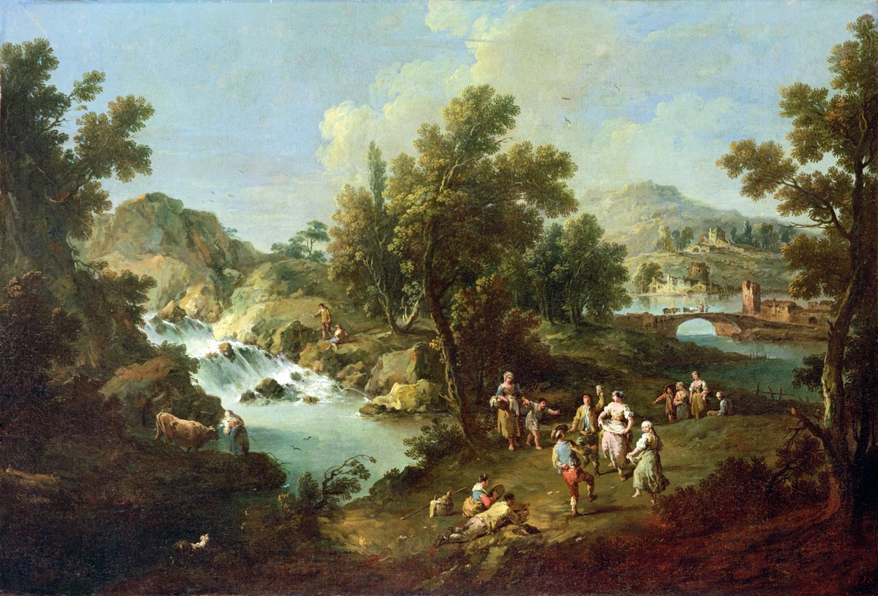 Landscape with a River and Dancing Peasants by Giuseppe Zais