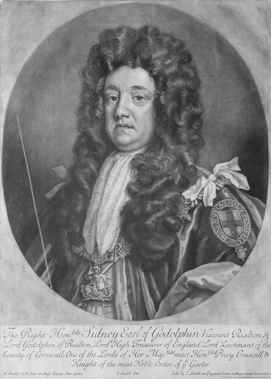 Portrait of Sidney Godolphin, 1st Earl of Godolphin, engraved and published by John Smith by Godfrey Kneller