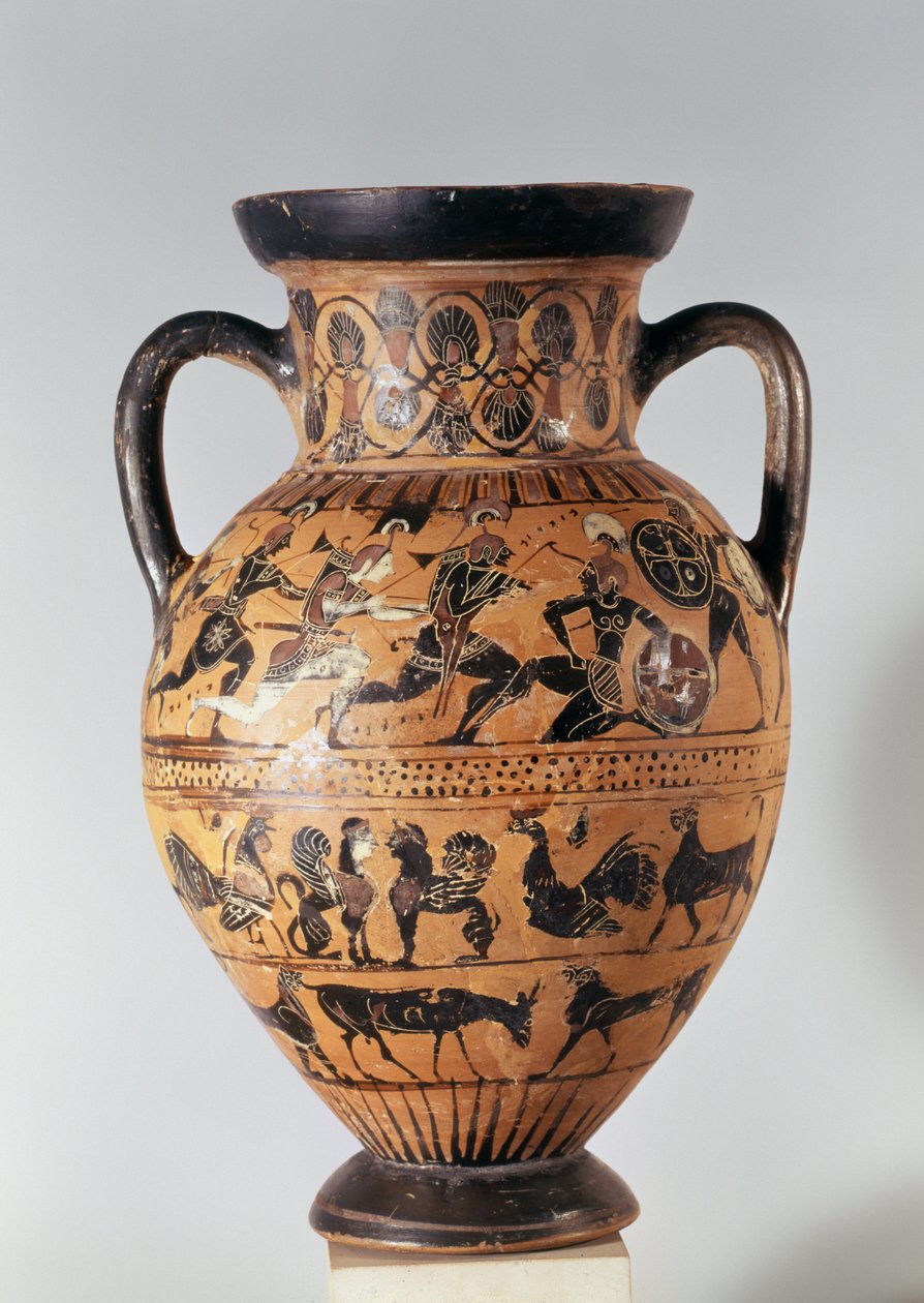 Attic black figure amphora depicting warriors fighting and fantastical animals by Greek