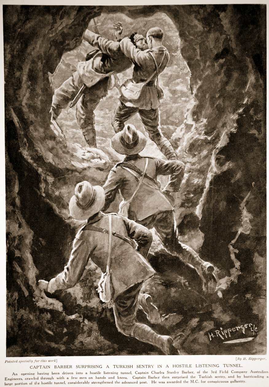 Captain Barber surprising a Turkish sentry in a hostile listening tunnel by H. Ripperger