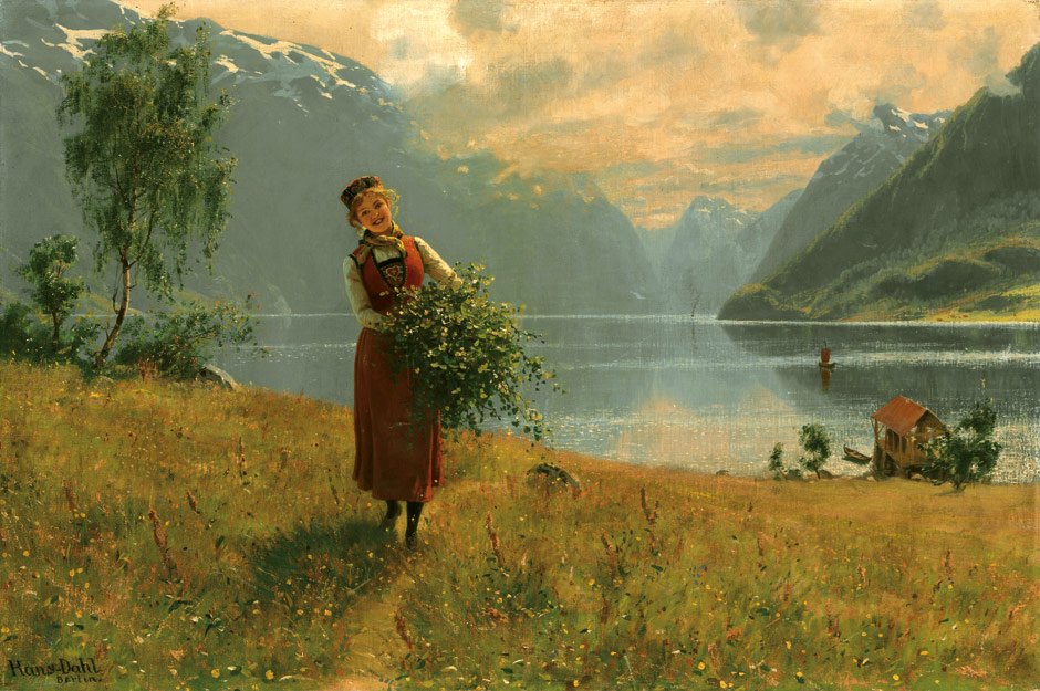 Young Girl with Birch Branches in Front of a Norwegian Fjord by Hans Dahl