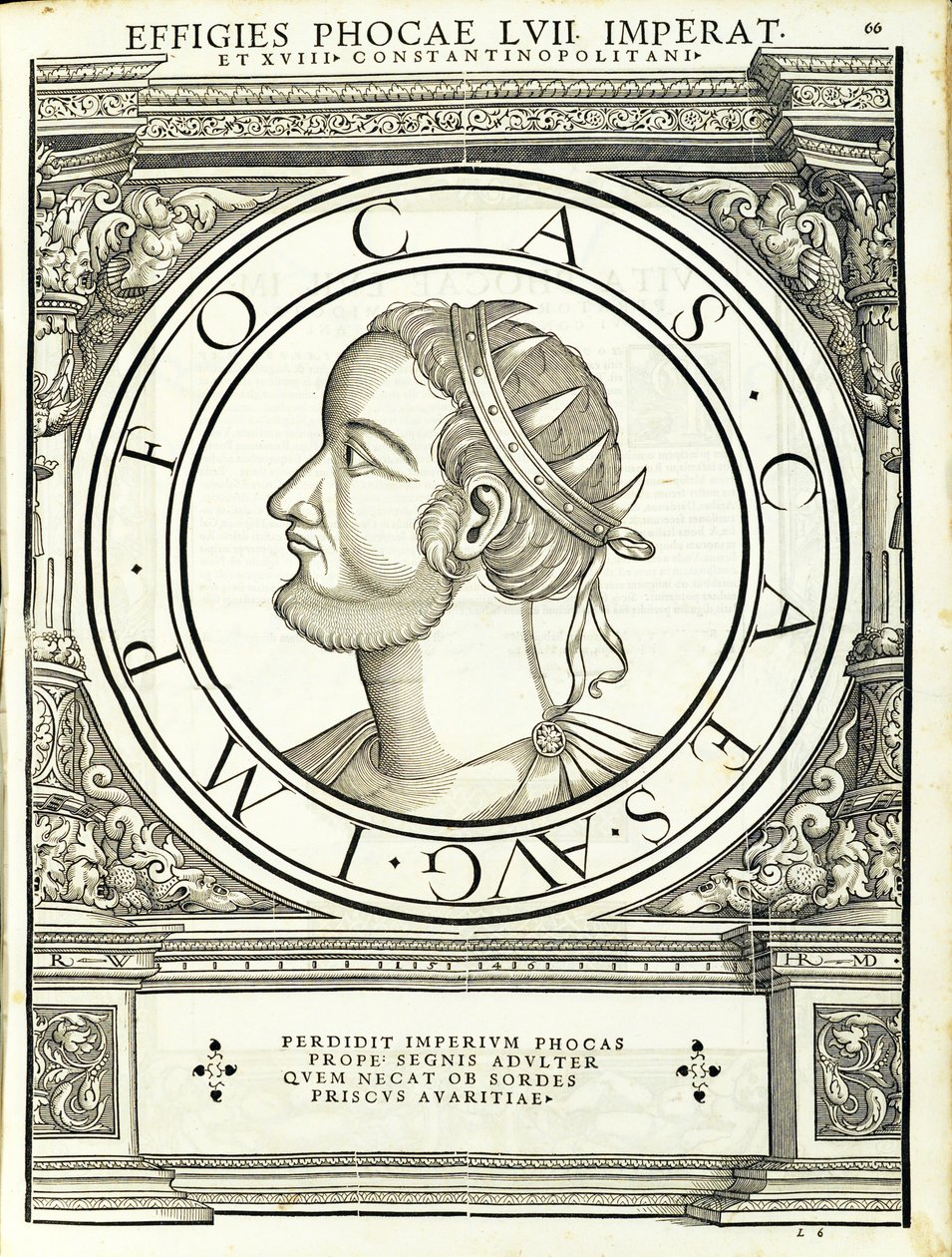 Phocas, illustration from Imperatorum Romanorum Omnium Orientalium et Occidentalium Verissimae Imagines ex Antiquis Numismatis by Hans Rudolf Manuel Deutsch