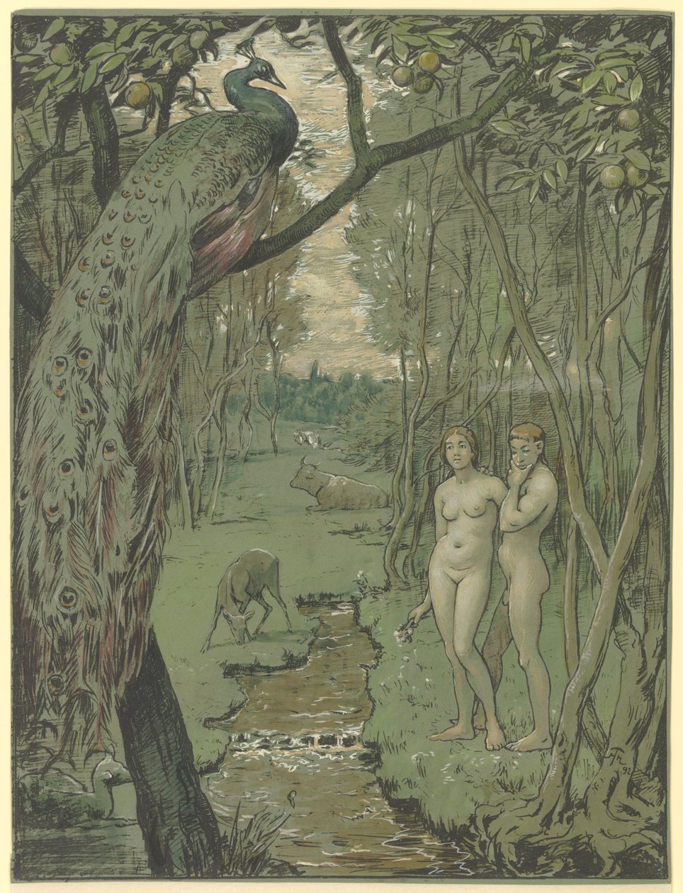 Paradise with Peacock by Hans Thoma