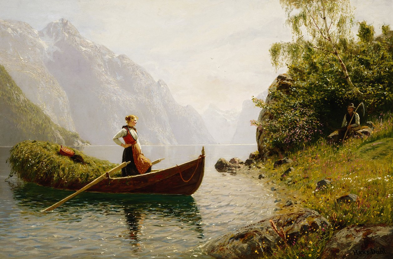 Woman and man in fjord landscape by Hans Dahl