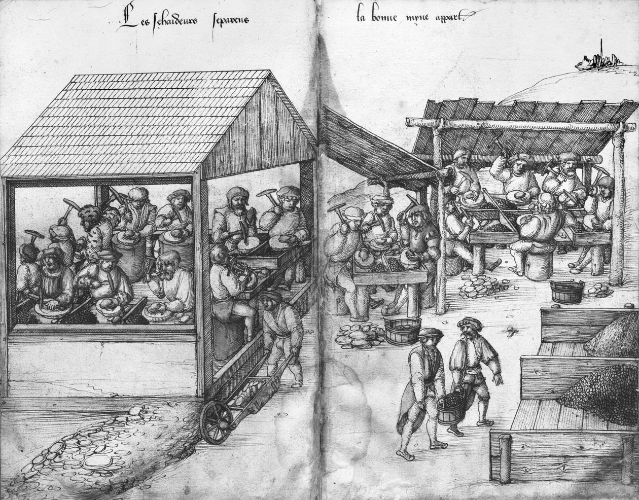 Silver mine of La Croix-aux-Mines, Lorraine, fol.15v and fol.16r, miners sorting the ore out, c.1530 by Heinrich Gross or Groff