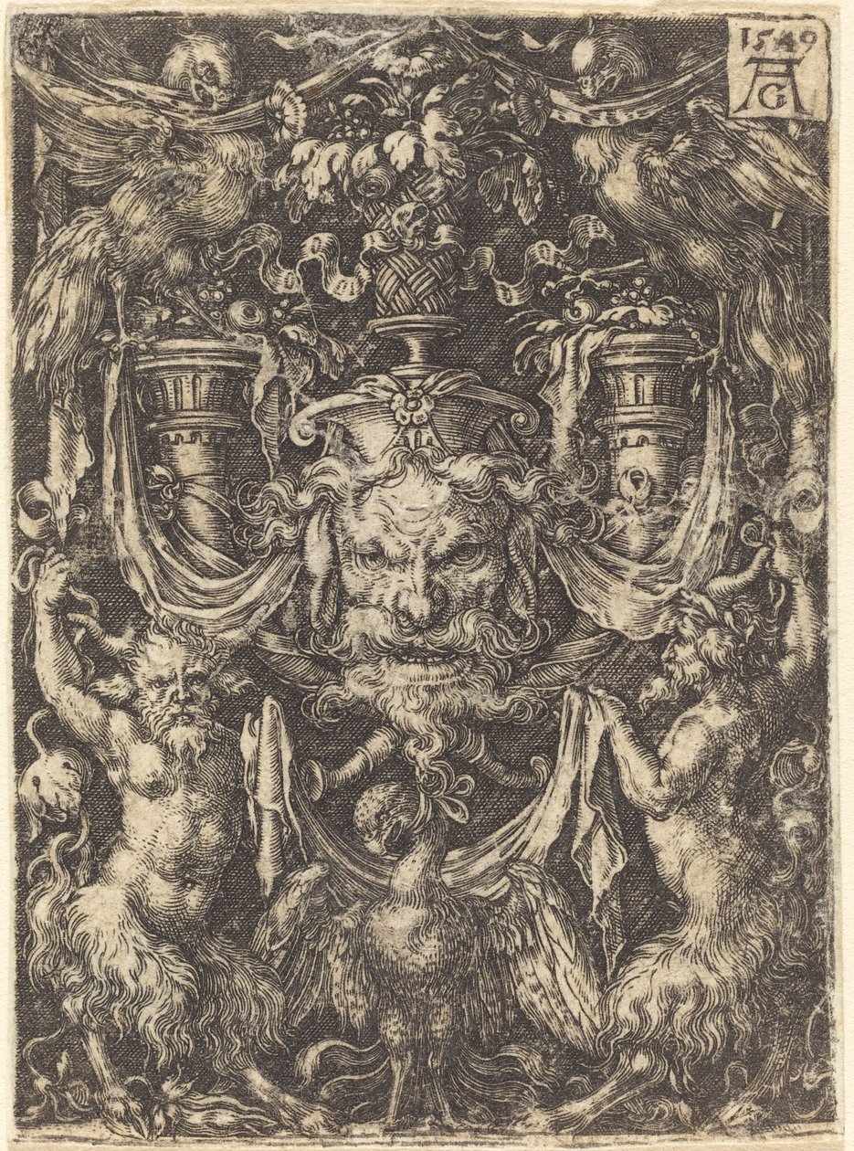 Ornament with Mask, Eagle between Satyrs Below by Heinrich Aldegrever