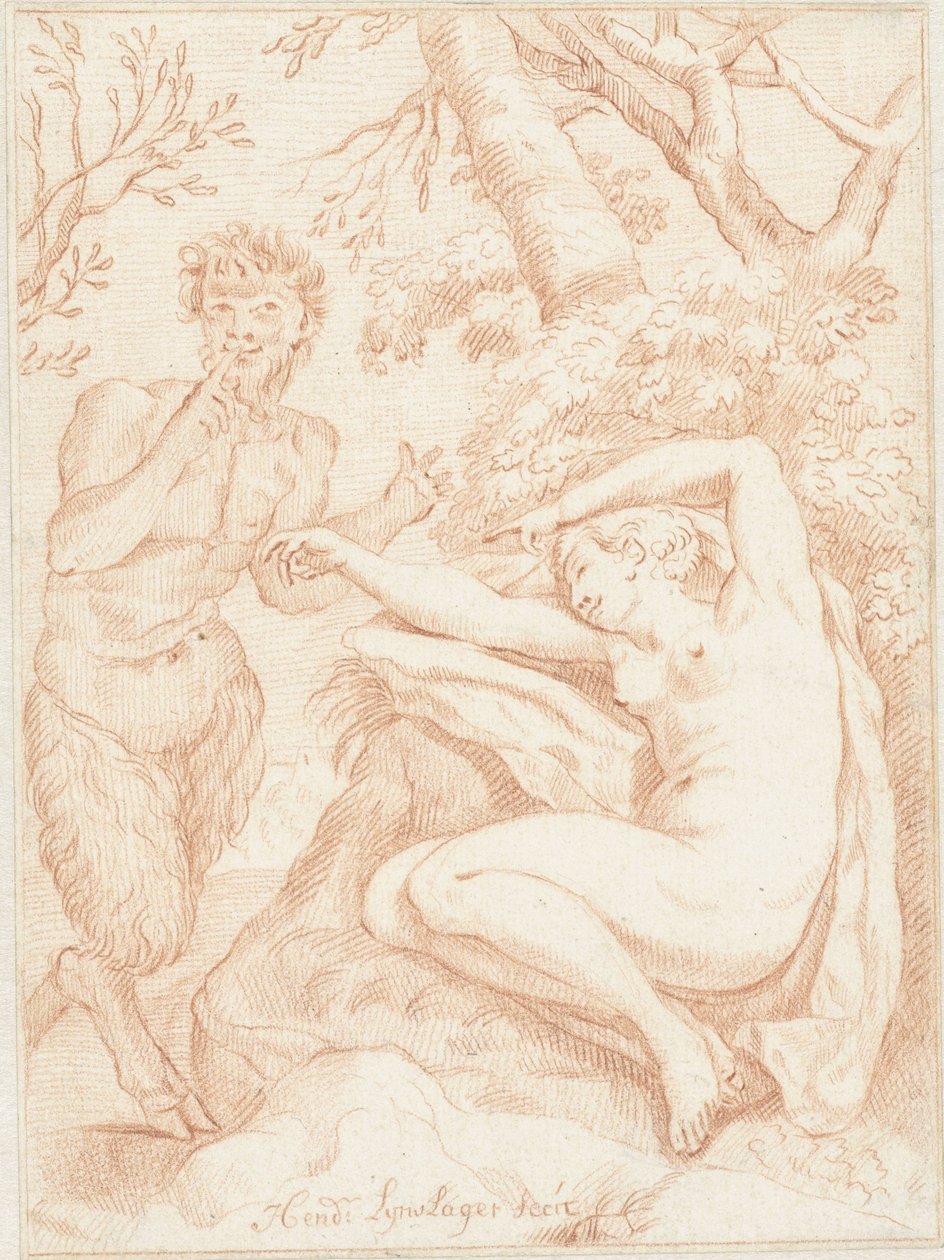 Satyr spying on a sleeping nymph by Hendrik Lijnslager