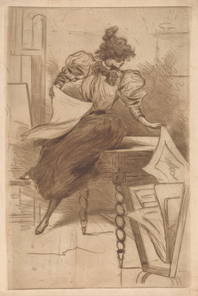 Woman looking at prints in a print stand by Henri Boutet (possibly)