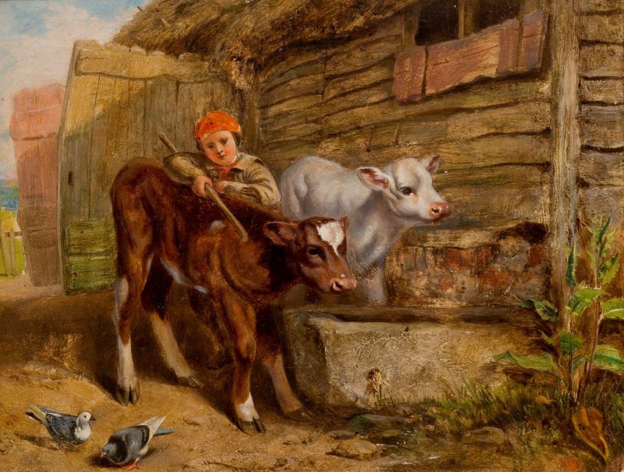 Boy with Calves and Trough by Henry Dawson