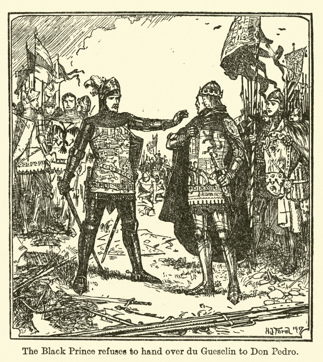 The Black Prince refuses to hand over du Guesclin to Don Pedro by Henry Justice Ford