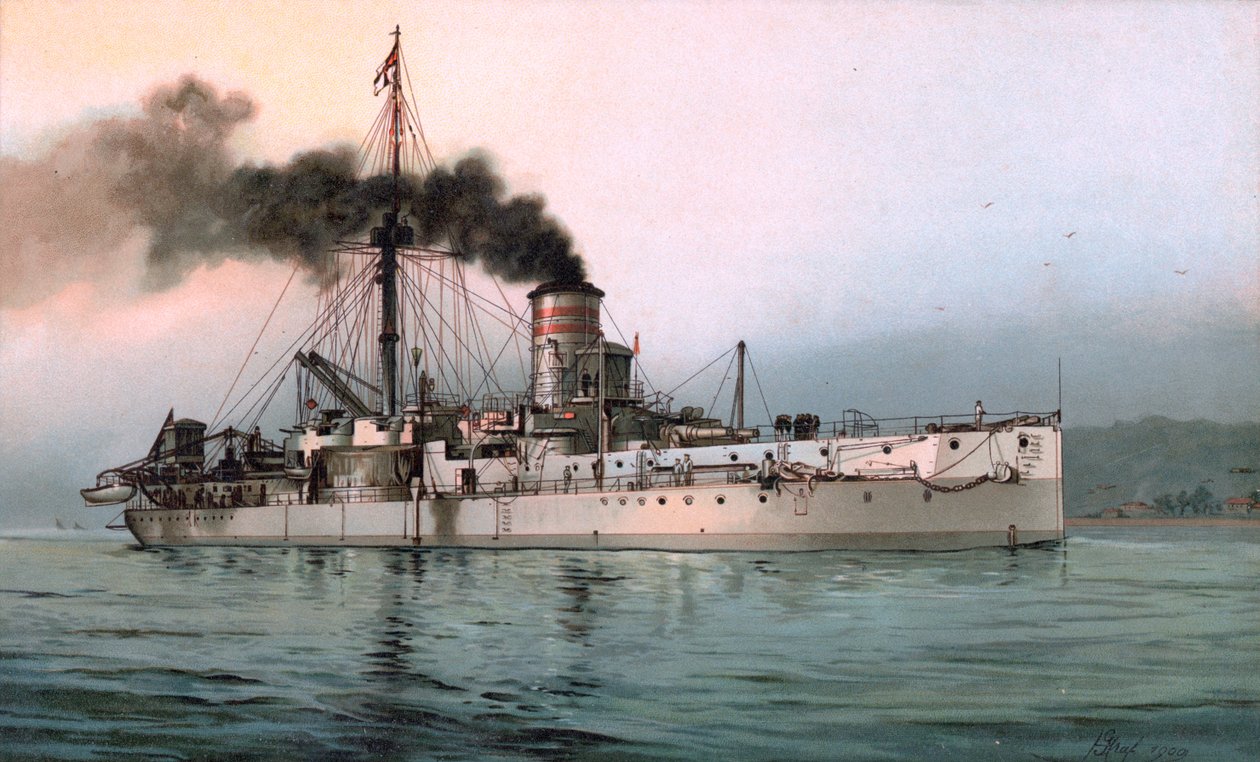 Lithography of the German Ironclad SMS Württemberg by Hugo Graf