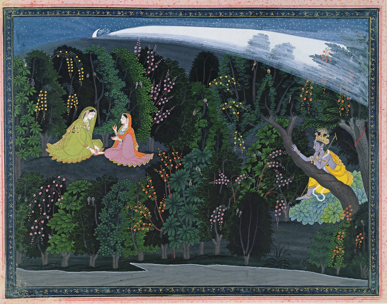 Krishna Gazes Longingly at Radha, Illustration from the Lumbagraon Gita Govinda Series by Indian School