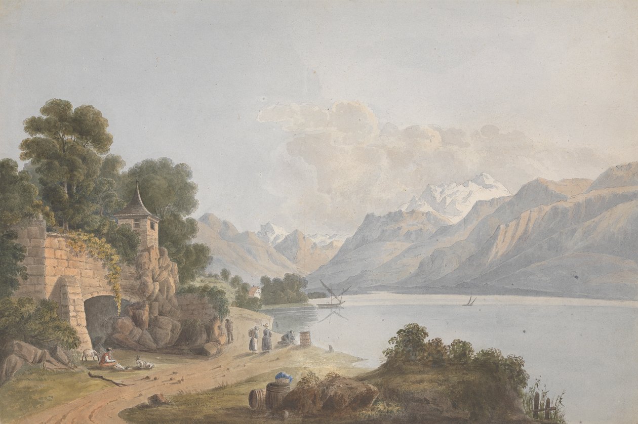 Mountainous Landscape with Lake, Gate and Figures by Isaac Weld