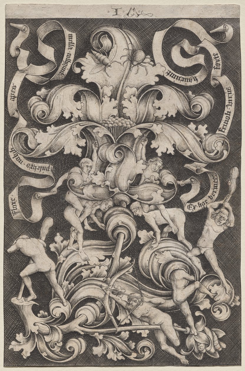 Upright Ornament with Eight Naked Men by Israhel van Meckenem