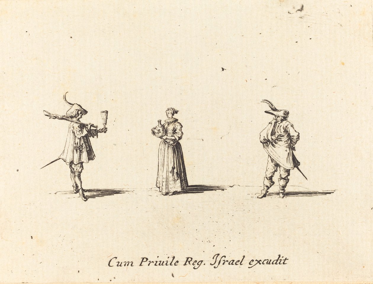 Lady with Wine Bottle, and Two Gentlemen by Jacques Callot