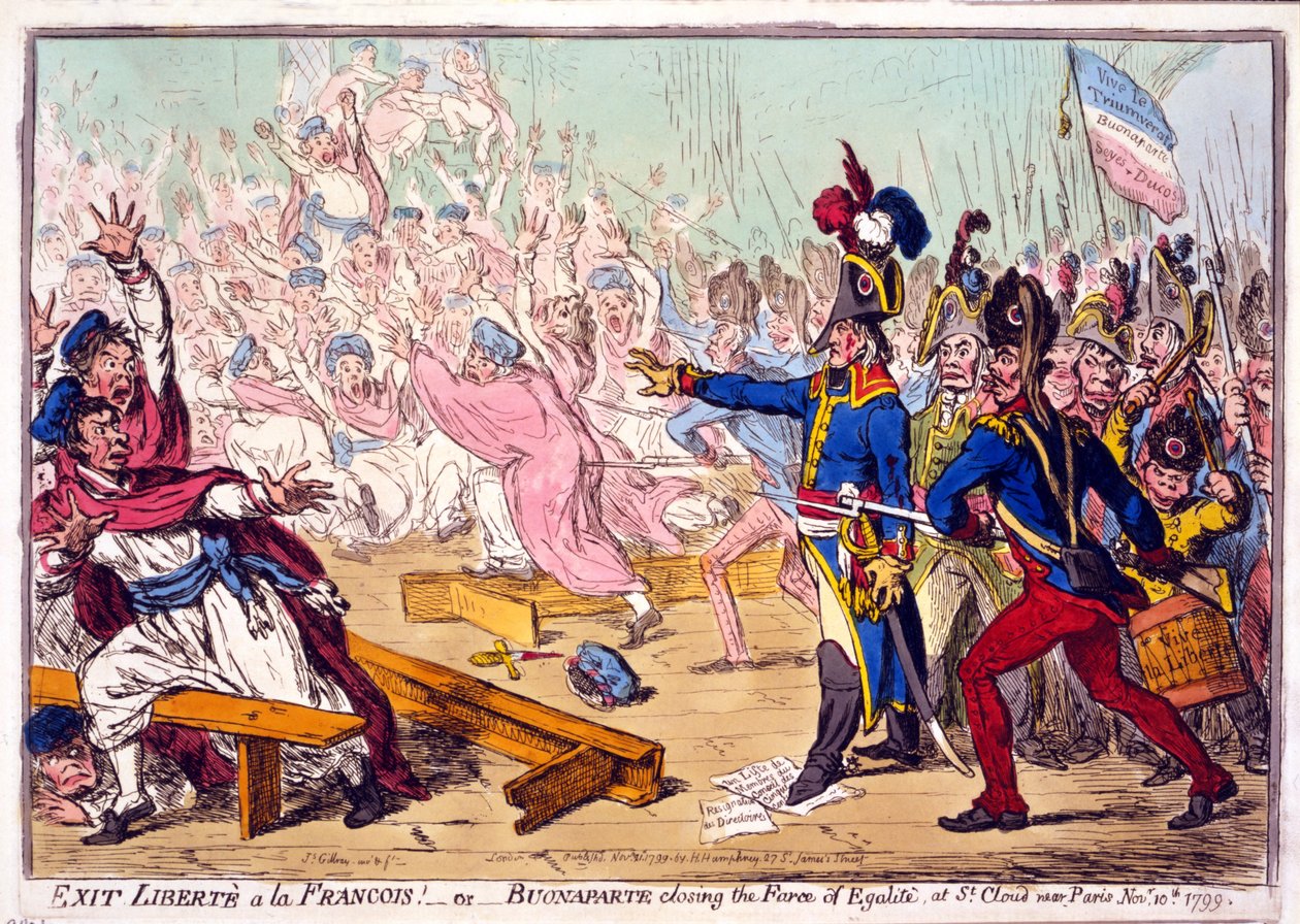 Exit Liberté a la Francois! or Buonaparte closing the Farce of Egalité, at St. Cloud near Paris November 10th 1799, pub. 1799 by James Gillray