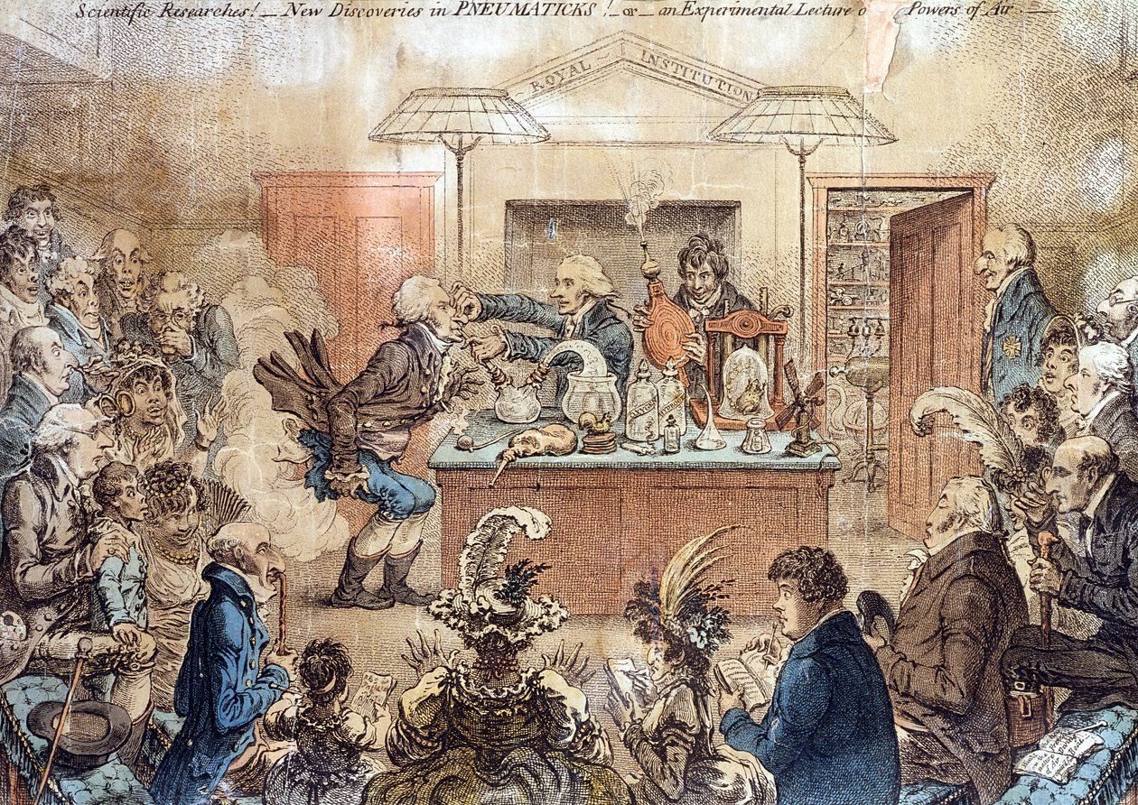 Scientific Researches! New Discoveries in Pneumatics! or An Experimental Lecture on the Powers of Air, Cartoon of a Lecture at the Royal Institution Demonstrating the Effects of Laughing Gas by James Gillray