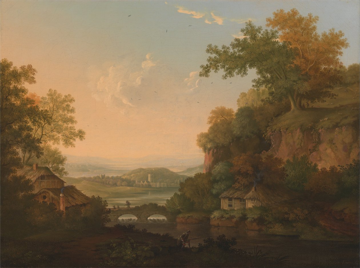 A River Scene with Thatched Huts by a Bridge over a Weir by James Lambert  of Lewes