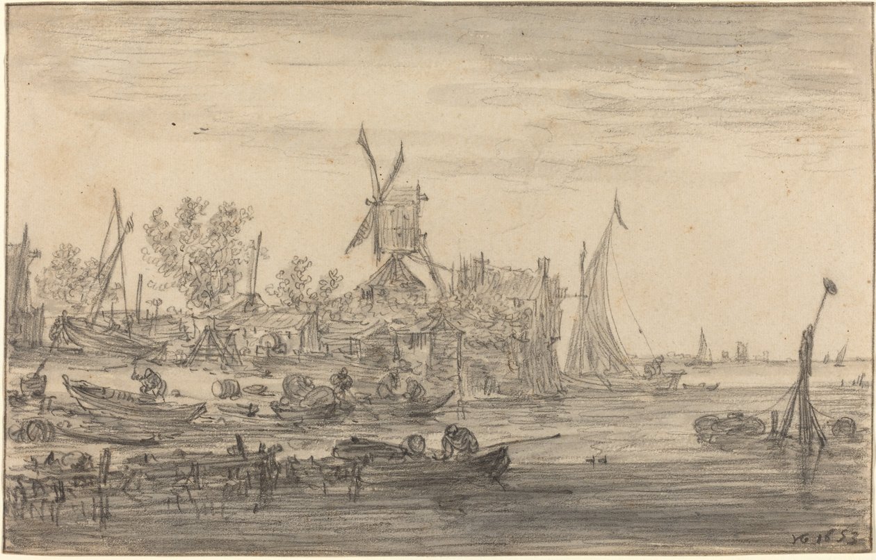 Foreshore Scene with Windmill by Jan Josephsz van Goyen