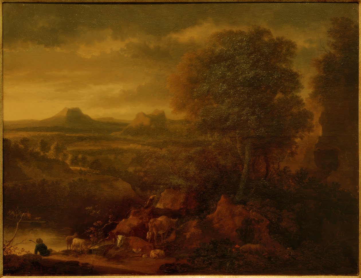 Southern Landscape with Shepherds, Herd, and Hunting Scene by Jan Hackaert