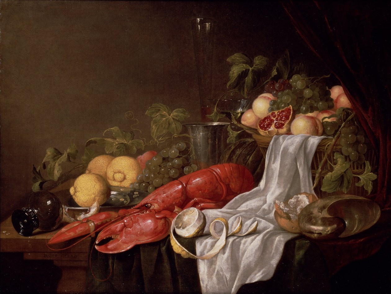 Still Life of Fruit and a Lobster on a Cloth-Draped Table by Jasper Geerards