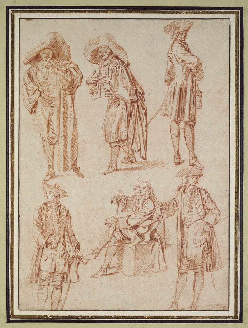 Two Studies of the Doctor in the Italian Comedy and Four Officers, Three Standing, One Seated by Jean Antoine Watteau