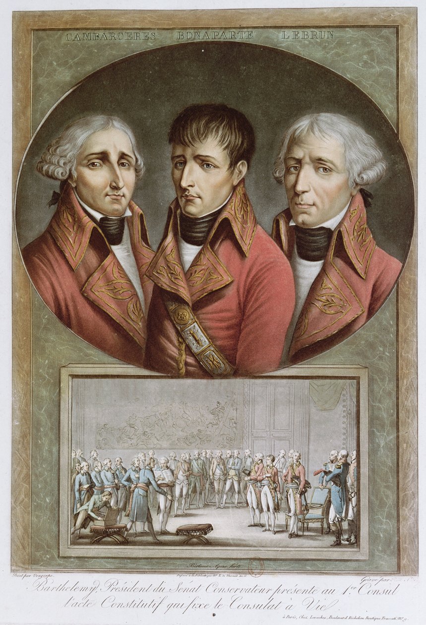 Portrait of the Three Consuls of the Republic and Barthelemy Presenting the Constitutional Act Proclaiming Napoleon I as Emperor for Life to the Premier Consul, 2nd August 1802, engraved by Charles Fra by Jean Duplessi Bertaux