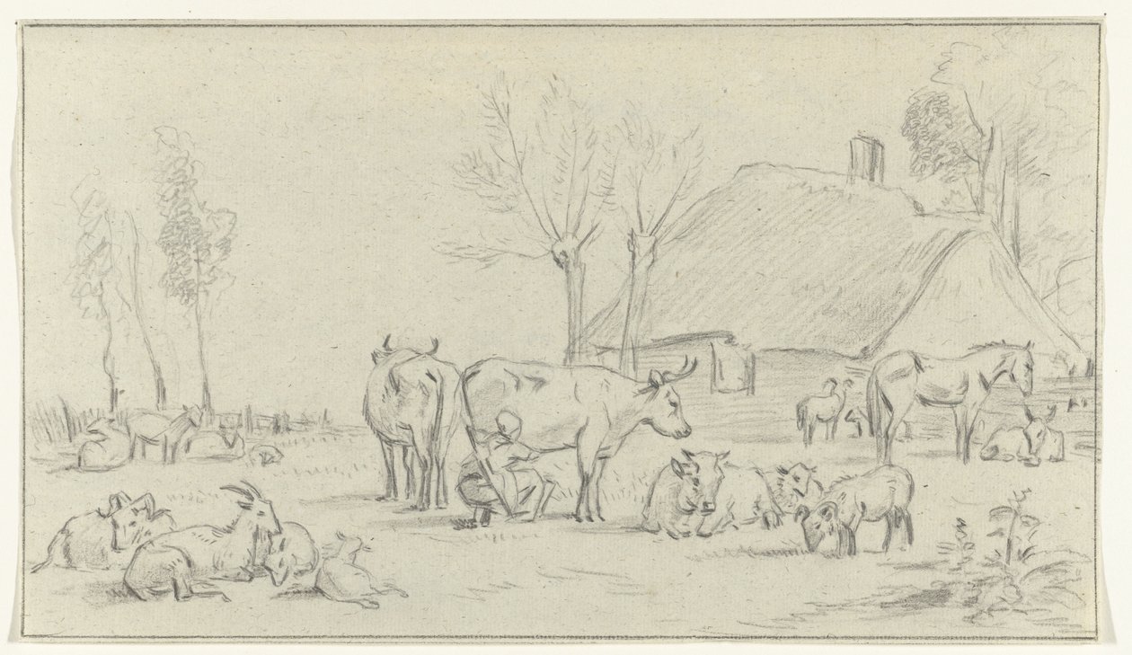 Farmyard with Cattle and Milking Woman by Jean Bernard