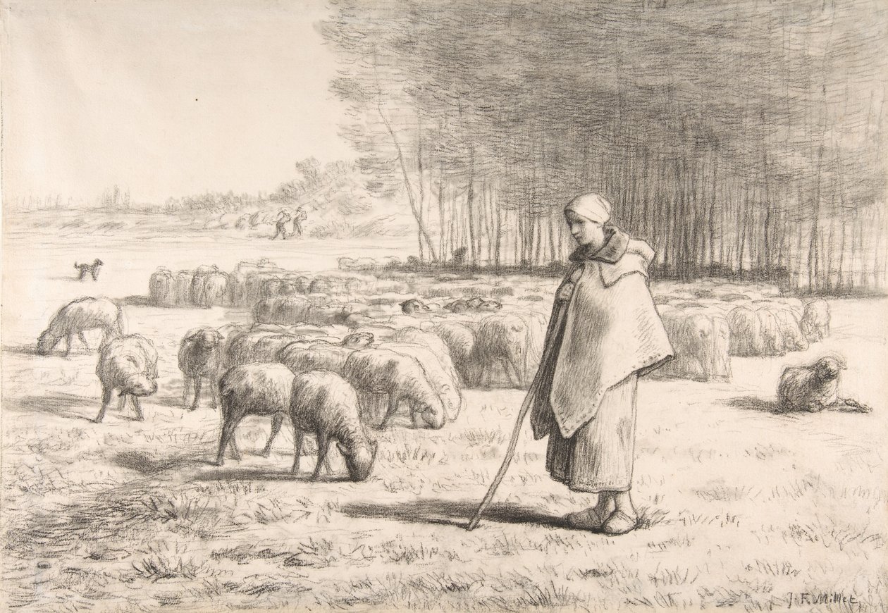 A Shepherdess with Her Flock by Jean Francois Millet