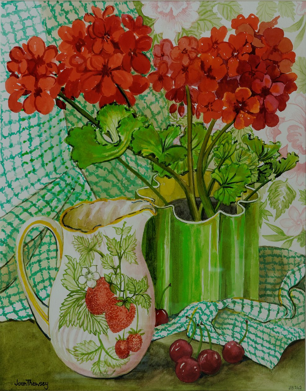 Red geranium with the strawberry jug and cherries by Joan Thewsey