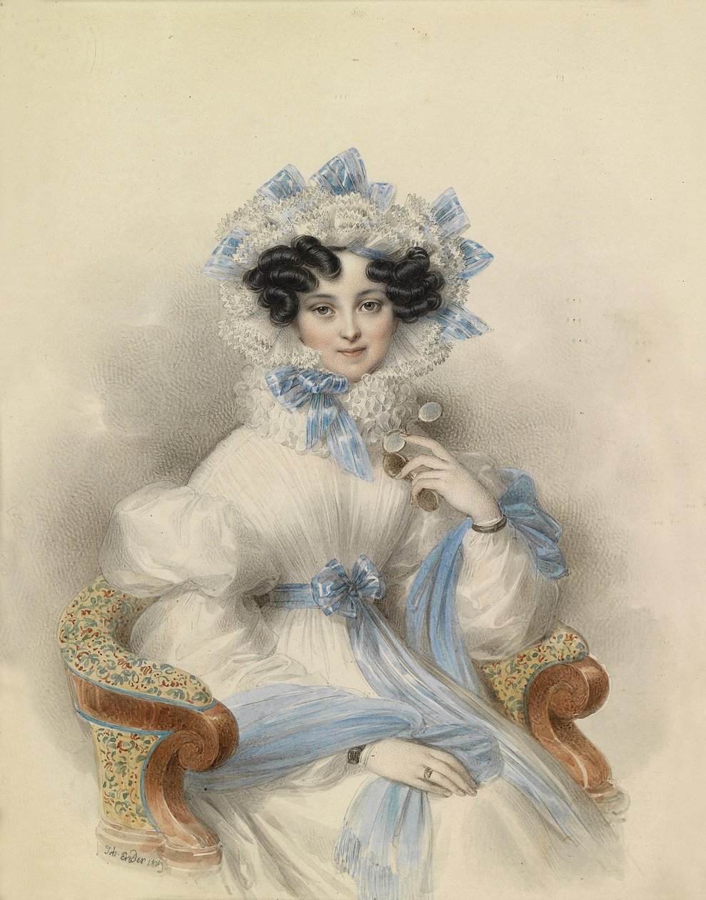 Portrait of Archduchess Henriette of Austria in a White Dress with Blue Ribbons, Sitting in an Armchair by Johann Ender