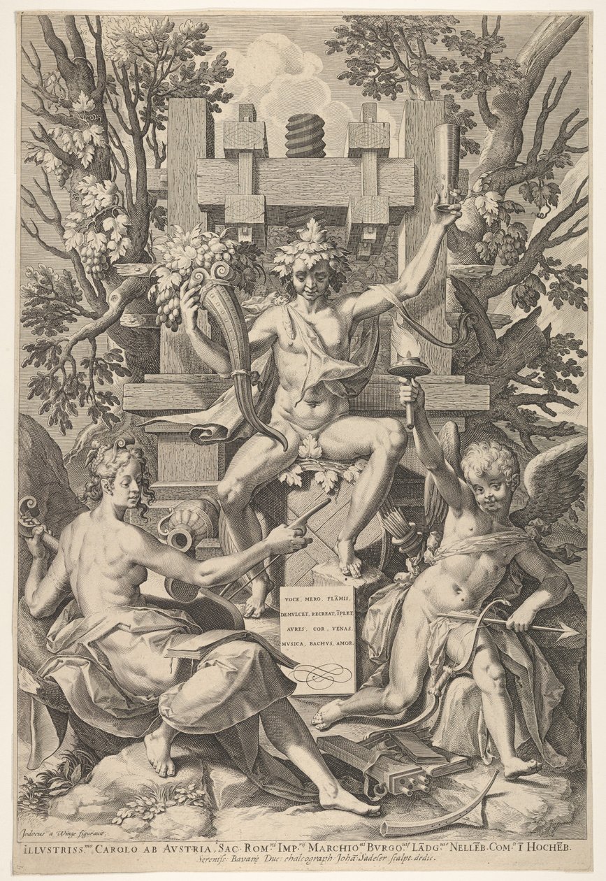 Bacchus, Music, Amor by Johann Sadeler I