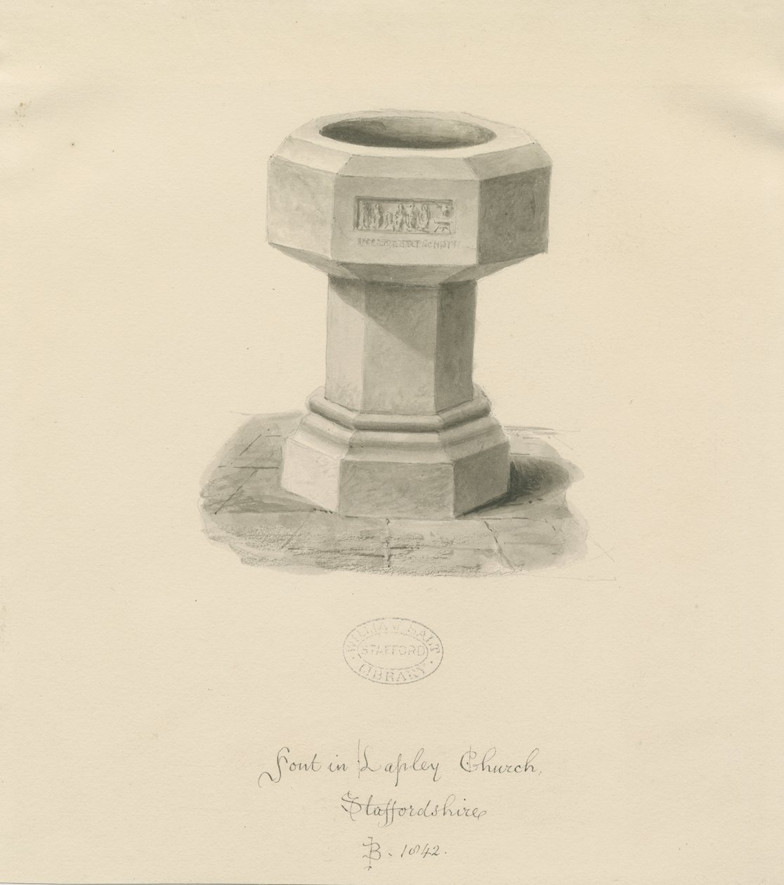 Font in Lapley Church by John Buckler