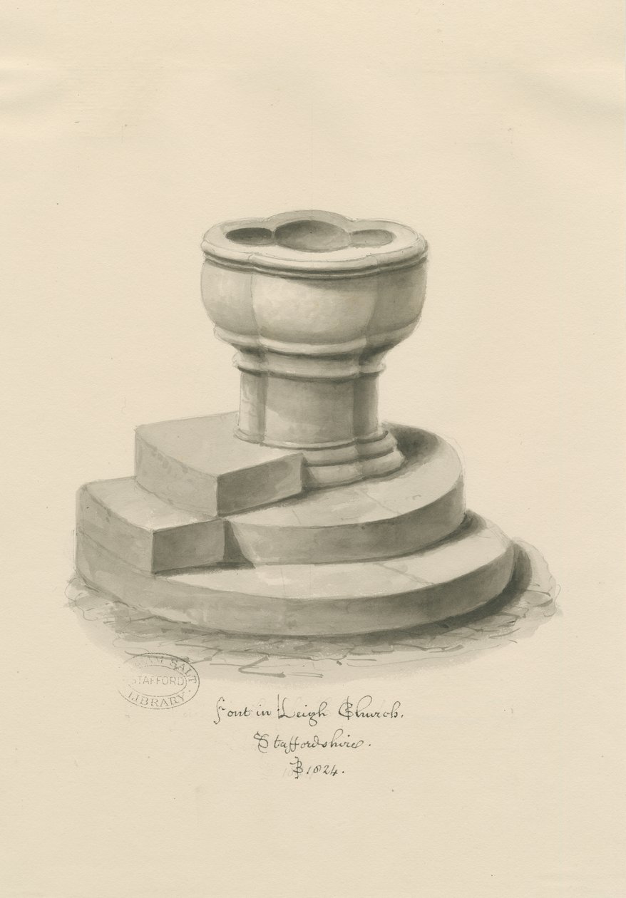 Font in Leigh Church by John Buckler