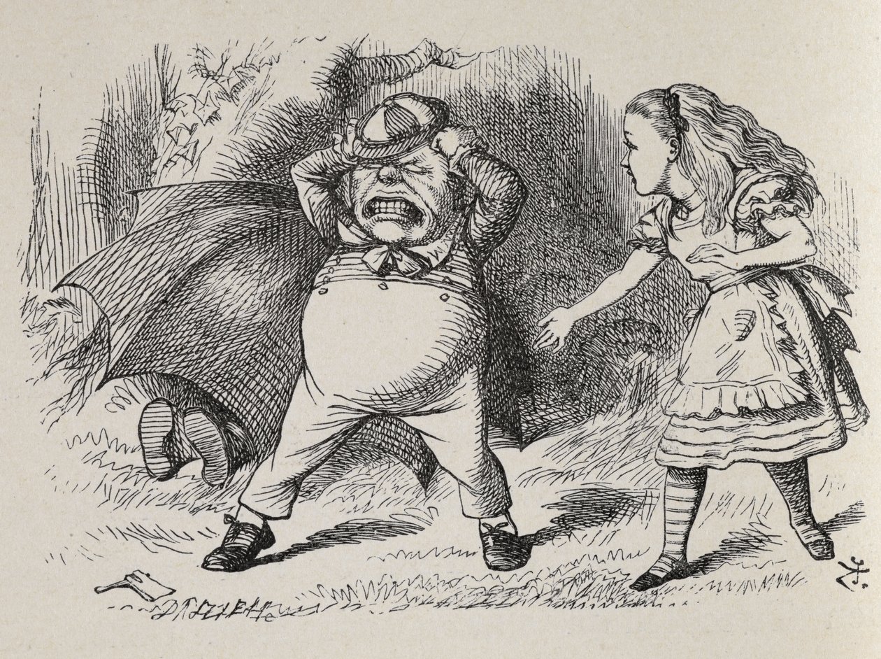 Alice with Angry Tweedledum and hiding Tweedledee by John Tenniel