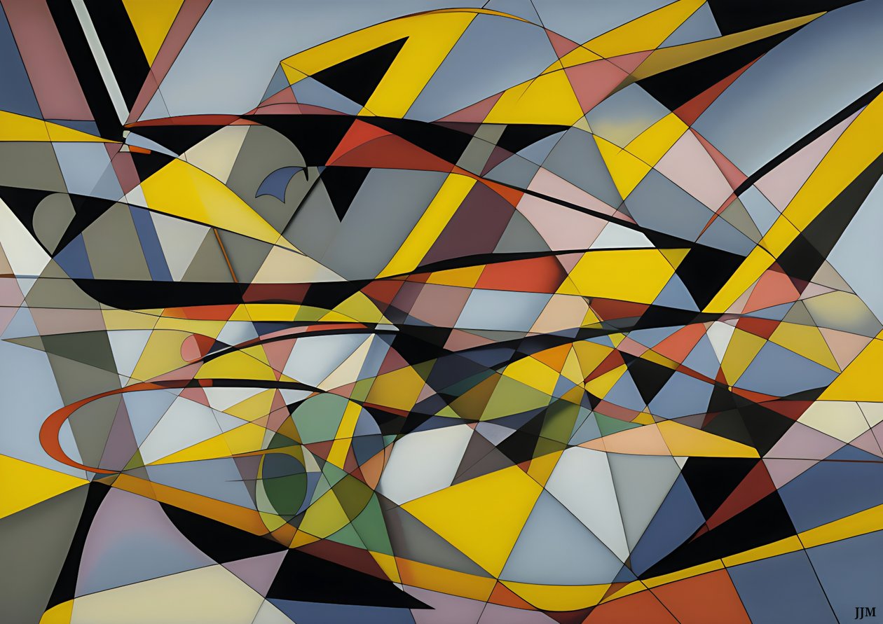 Abstract: Silver-Yellow Curves+Triangles 2 by Josef Johann Michel