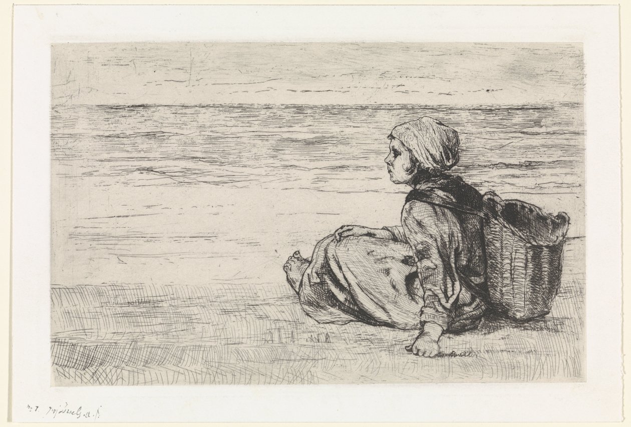 Girl by the sea by Jozef Israëls (signed by artist)