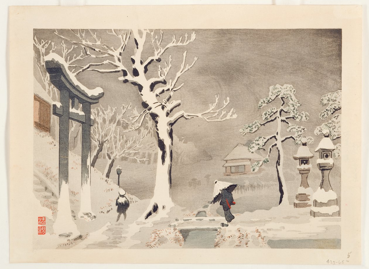 Snow Scene beneath the Embankment at Mimeguri Shrine, Mukojima, c.1915 by Kobayashi Kiyochika