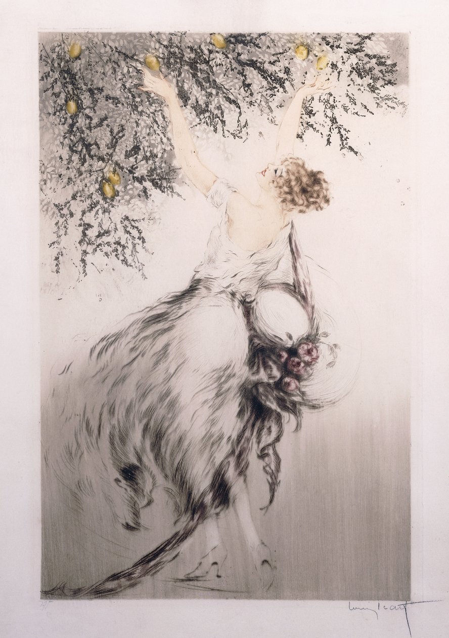 Girl picking lemons by Louis Icart
