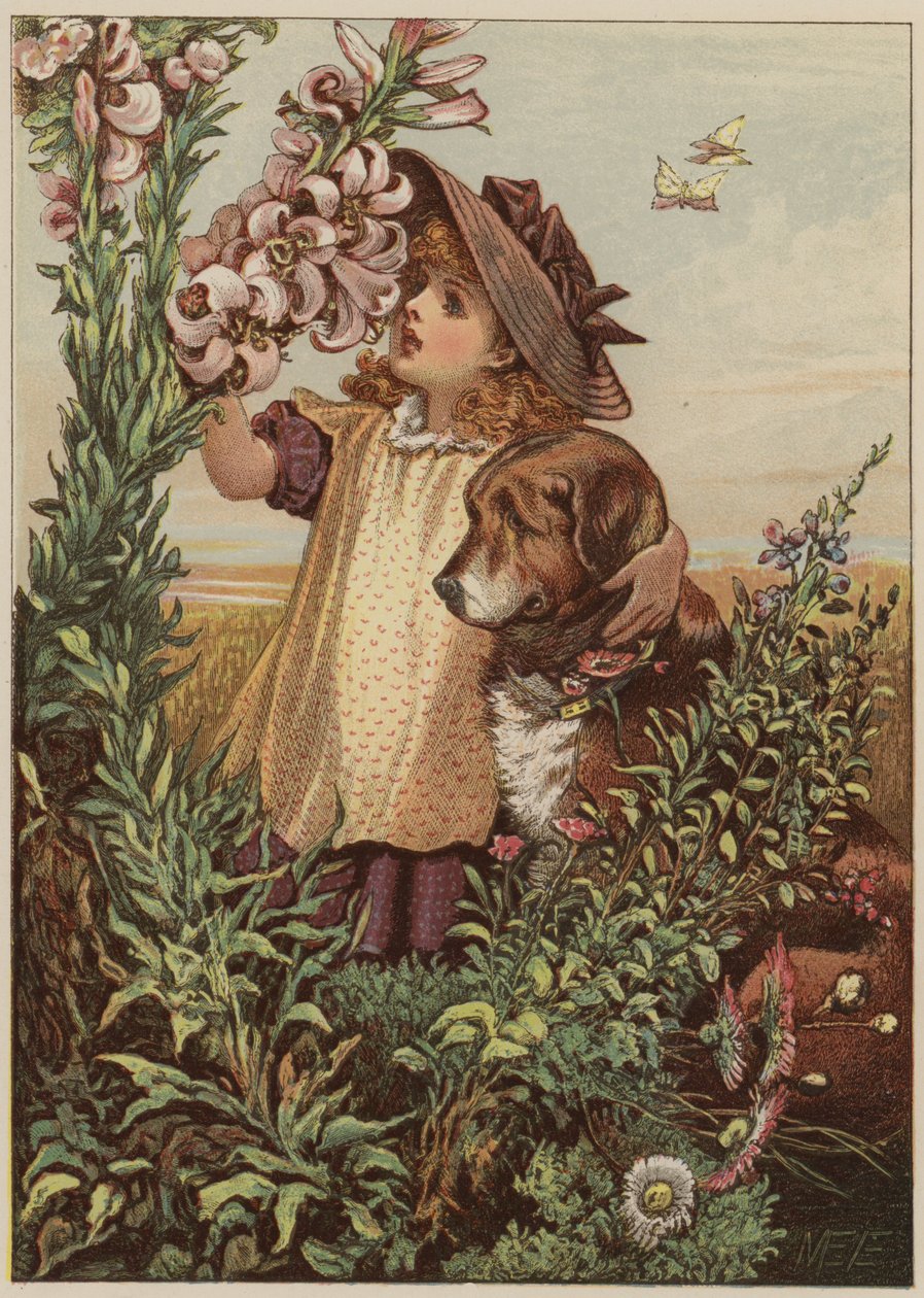 Girl with dog smelling flowers by Mary Ellen Edwards