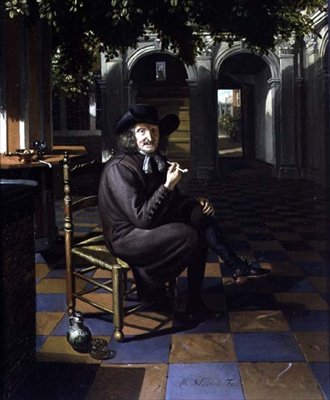 Gentleman smoking in a shaded courtyard by Matthys Naiveu